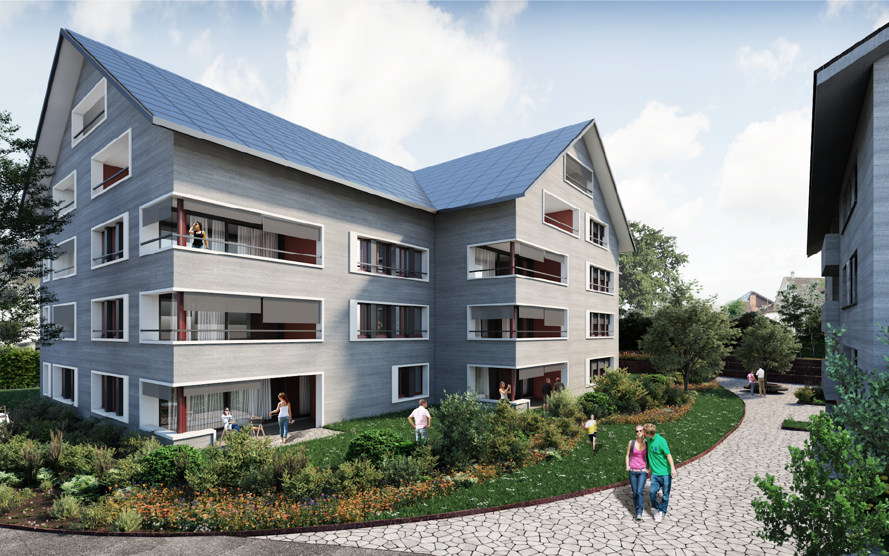 Modernes Wohnhaus mit Bewohnern, die an einem sonnigen Tag die Gemeinschaftsbereiche der Überbauung 'Am Chreisel" im Freien geniessen.